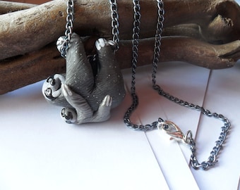 Momma and Baby Sloth Necklace - Animal Pendant Necklace - Ploymer Clay Jewelry - Polymer Clay Necklace