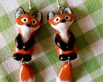 Red Fox Earrings - Dangle Tail Earrings - Animal Earrings - Ploymer Clay Earrings - Moveable Tail