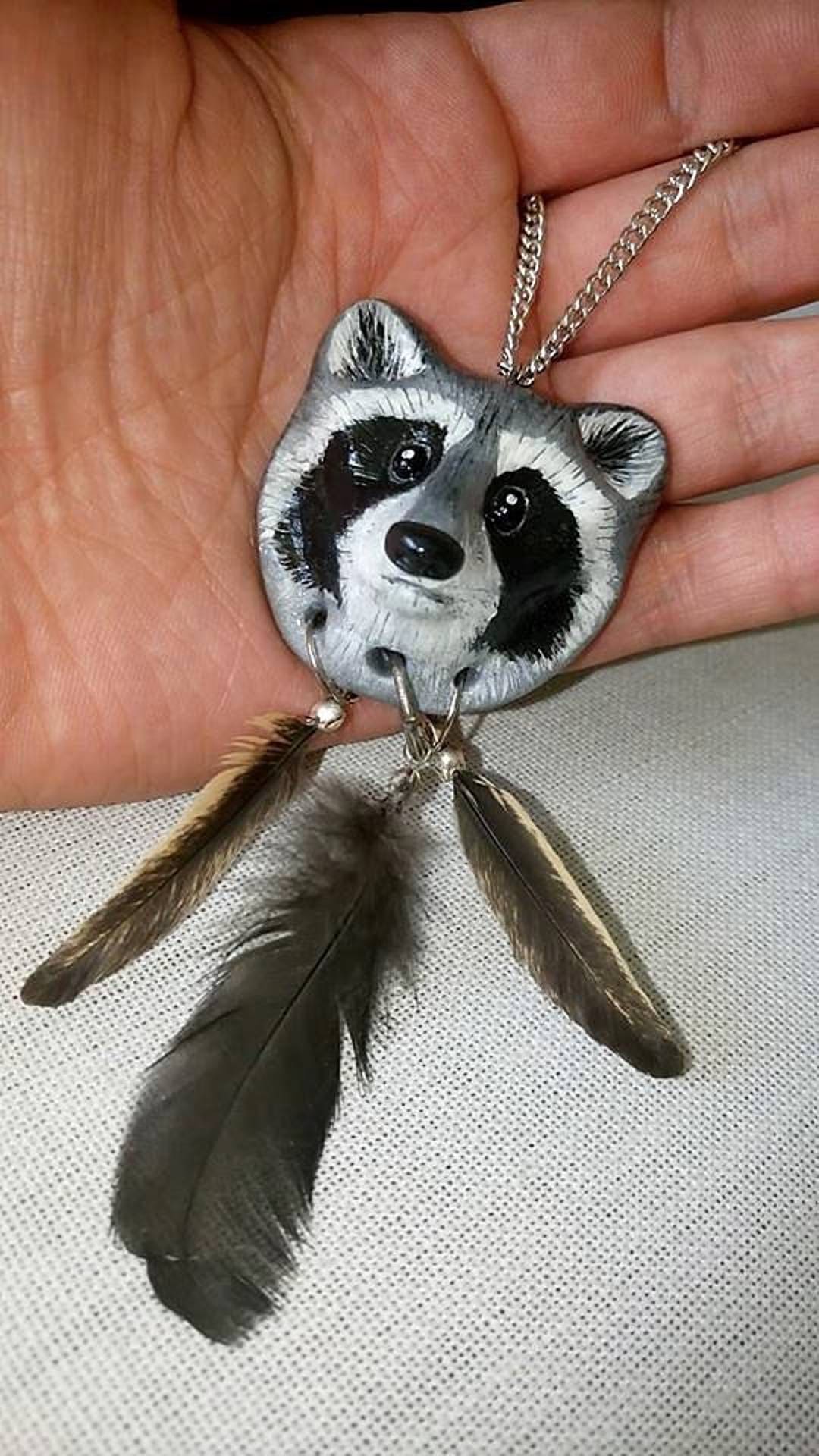 Raccoon Spirit Animal, Raccoon Totem Necklace, Polymer Clay Animal OOAK