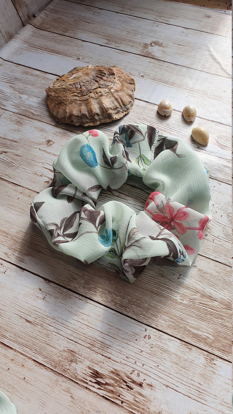 Hair tie vsco Cottagecore Cornflower Standard Size school Mint Green Chiffon Floral Print Scrunchie pony tail UpcycledRecycled Fabric