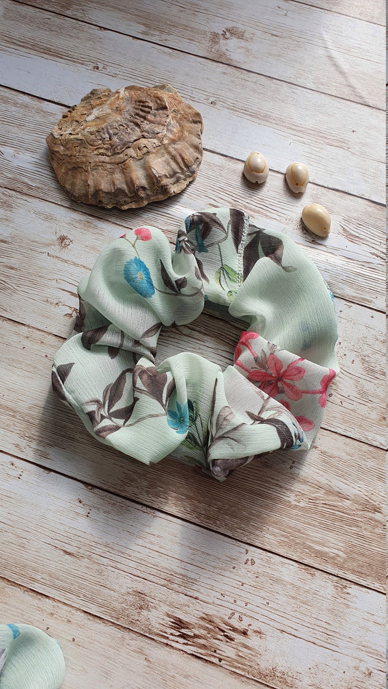 Hair tie vsco Cottagecore Cornflower Standard Size school Mint Green Chiffon Floral Print Scrunchie pony tail UpcycledRecycled Fabric