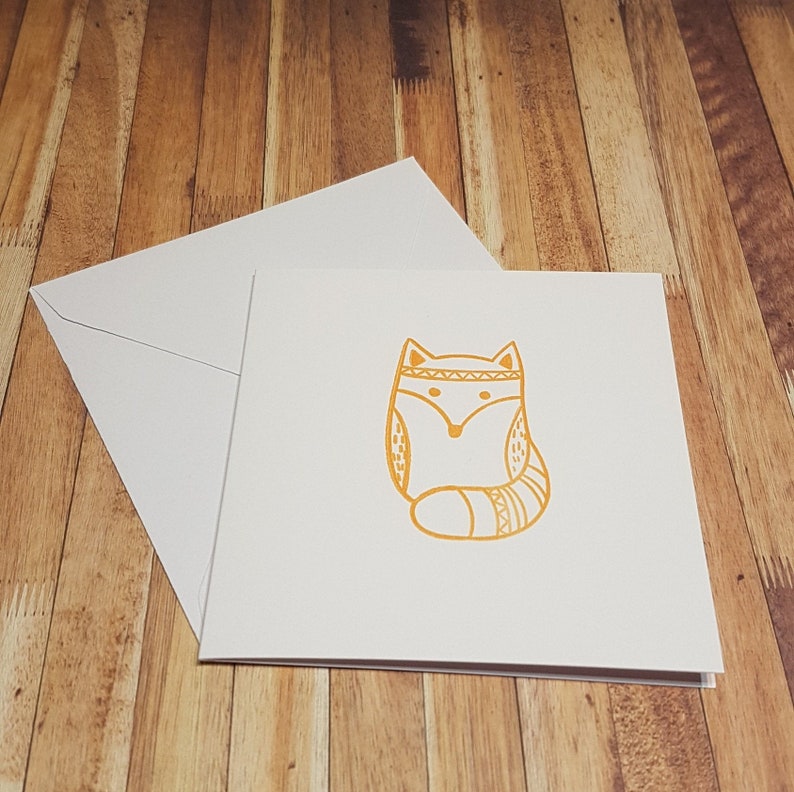 Pack of 4 Funky Fox Note Cards Hand Printed Thank you image 0