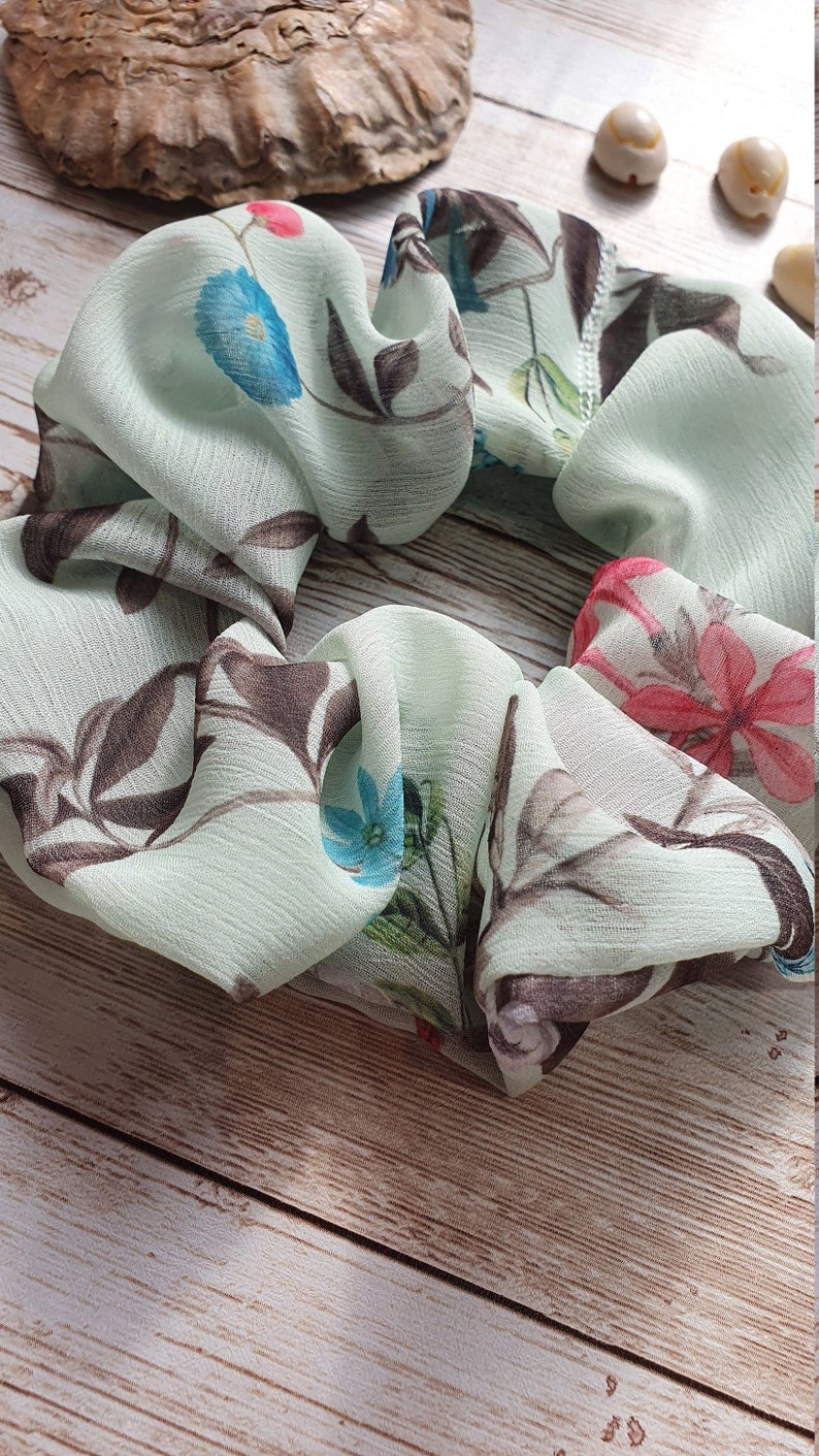 Hair tie vsco Cottagecore Cornflower Standard Size school Mint Green Chiffon Floral Print Scrunchie pony tail UpcycledRecycled Fabric