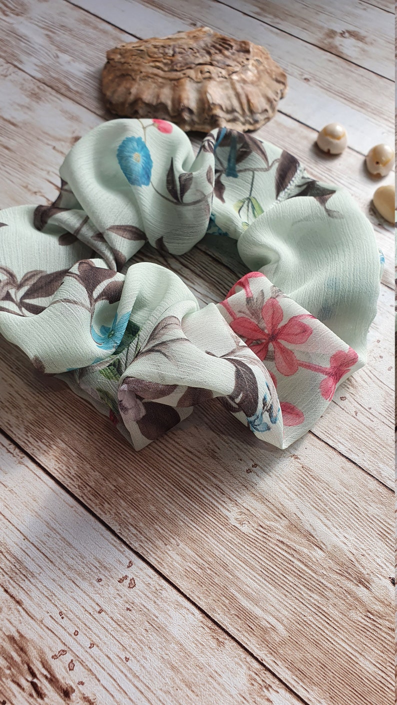 Hair tie vsco Cottagecore Cornflower Standard Size school Mint Green Chiffon Floral Print Scrunchie pony tail UpcycledRecycled Fabric