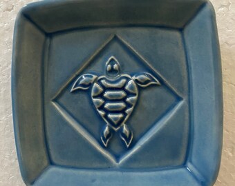 Artisan crafted Sea Turtle soap dish 4" x 4" stoneware fired to 2,232 degrees in my home kiln with Sky Blue eco friendly glaze finish.