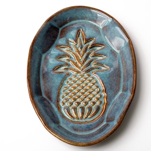 Pineapple pottery spoon rest also perfect for tea bag, jewelry, keys or coins. 4"x 6" stoneware pottery awesome rustic blue glaze finish.