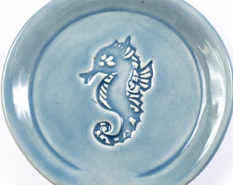 Handmade Seahorse spoon rest 4" round from stoneware clay with earth friendly Sky Blue glaze, Food and dishwasher safe. Ships free!