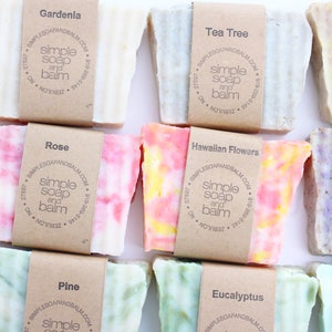 May include: A selection of handmade soap bars, each wrapped in brown paper with scent names like Gardenia and Rose. The soaps have a variety of colours and textures. The packaging features the "simple soap and balm" logo.