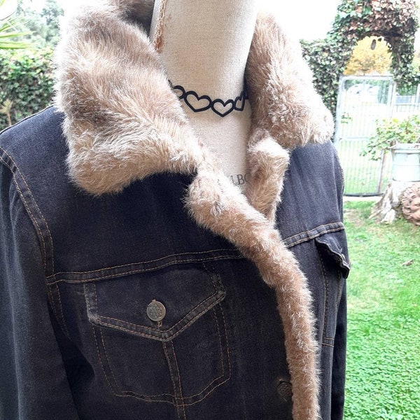 Denim Coat Woman 90s Faux Fur Beżowy płaszcz Dżinsy Winter Style Boho Yuppie Kurtka Jeans