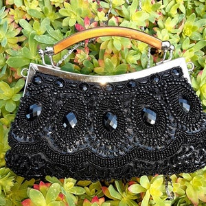 Vintage bag black beads black beads sequin little woman bag 60s chain collection of vintage bags satin black theater bag