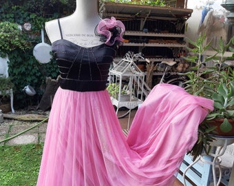 Pink tulle dress vintage romantic dress woman pink chic shabby chic spring pink sexy neckline 80s dress tutu Elegant princess