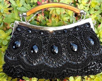 Borsa vintage borsetta da polso nera perline sequin little woman bag 60s catenella collezione di borse vintage raso nero borsa da teatro