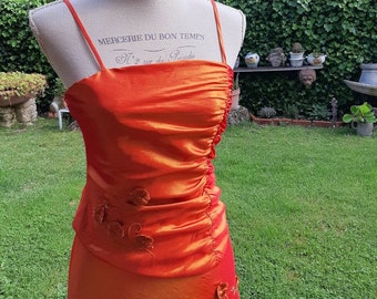 Vestito arancio cangiante donna 80s vintage raso dress vestito lungo chic pietre brillanti dress woman cerimonia piscina party cocktail