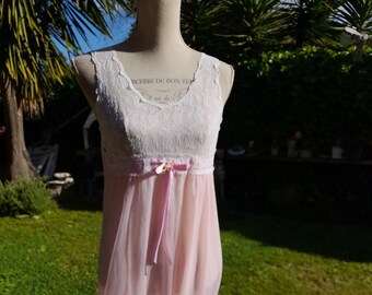 Antique robe de chambre assortie et chemise de nuit vintage années 50 rose mousseline bébé shabby chic mariée lune de miel Français lingerie