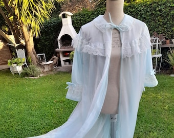 Vestaglia vintage anni 50 celeste verdino chiffon nuvola soffice dressing gown pizzo bianco wedding sposa luna di miele chic shabby chic