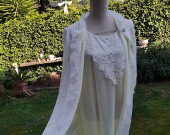 Coordinato 40s vintage shabby chic giallino pizzo corredo nunziale donna sensuale sposa dressing gown wedding set nightgown robe