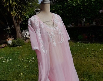 Antique robe assortie et chemise de nuit vintage années 40 rose mousseline bébé shabby chic mariage lune de miel luxe dentelle lingerie