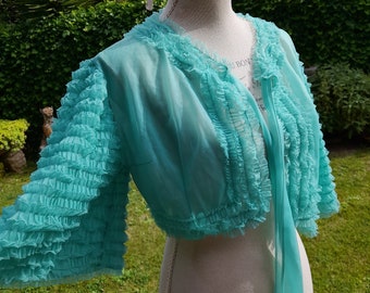 Green chiffon shoulder wrap ruffle night jacket for the night vintage shabby chic 50s heart warmer shabby chic chiffon