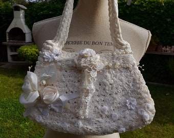 Sac de mariage shabby chic blanc crème avec ruban sac femme mariée élégante fleurs de mariage style crochet