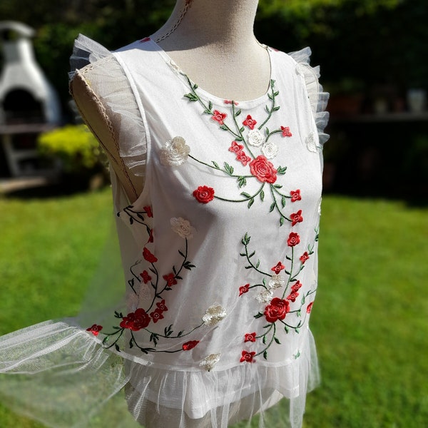 Vintage des années 90 blanc haut en mousseline de soie Vintage broderie florale boléro blanc chemise chemisier