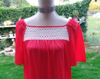 Camicia da notte rossa pizzo  sensuale nightgown red woman  chic sposa in rosso crocket elegante lingerie 80s