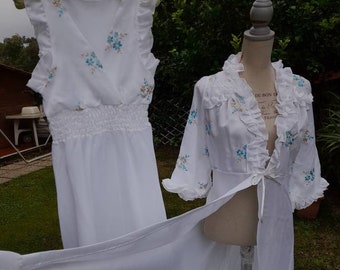 Coordinato peignoir vestaglia e camicia da notte vintage ruffle anni 60 bianco sensuale  shabby chic sposa wedding ruffle lingerie ricamo