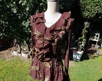 Silk shirt vintage shirt brown and gold chic ruffle gold chic women's blouse 90s pleated elegant look ruffle gypsy