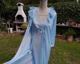 Peignoir assorti robe de chambre chemise de nuit Vintage années 80 bleu mer Chic Shabby Chic mariage lune de miel Lingerie luxe dentelle