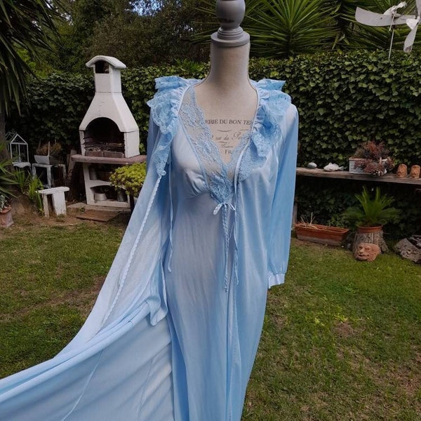 Matching Peignoir Dressing Gown Nightgown Vintage 80s Sea Blue Chic Shabby Chic Wedding Honeymoon Lingerie Luxury Lace