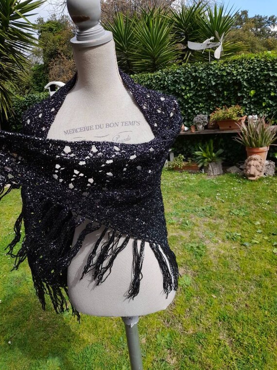 Black silver lurex shawl vintage 70s wool stole s… - image 7