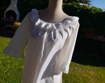 Vintage jaren '60 witte katoenen blouseshirt met Sangallo-kant