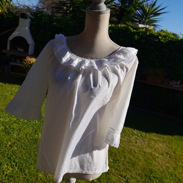 Camicia camicetta vintage 60s bianco in cotone con pizzo Sangallo