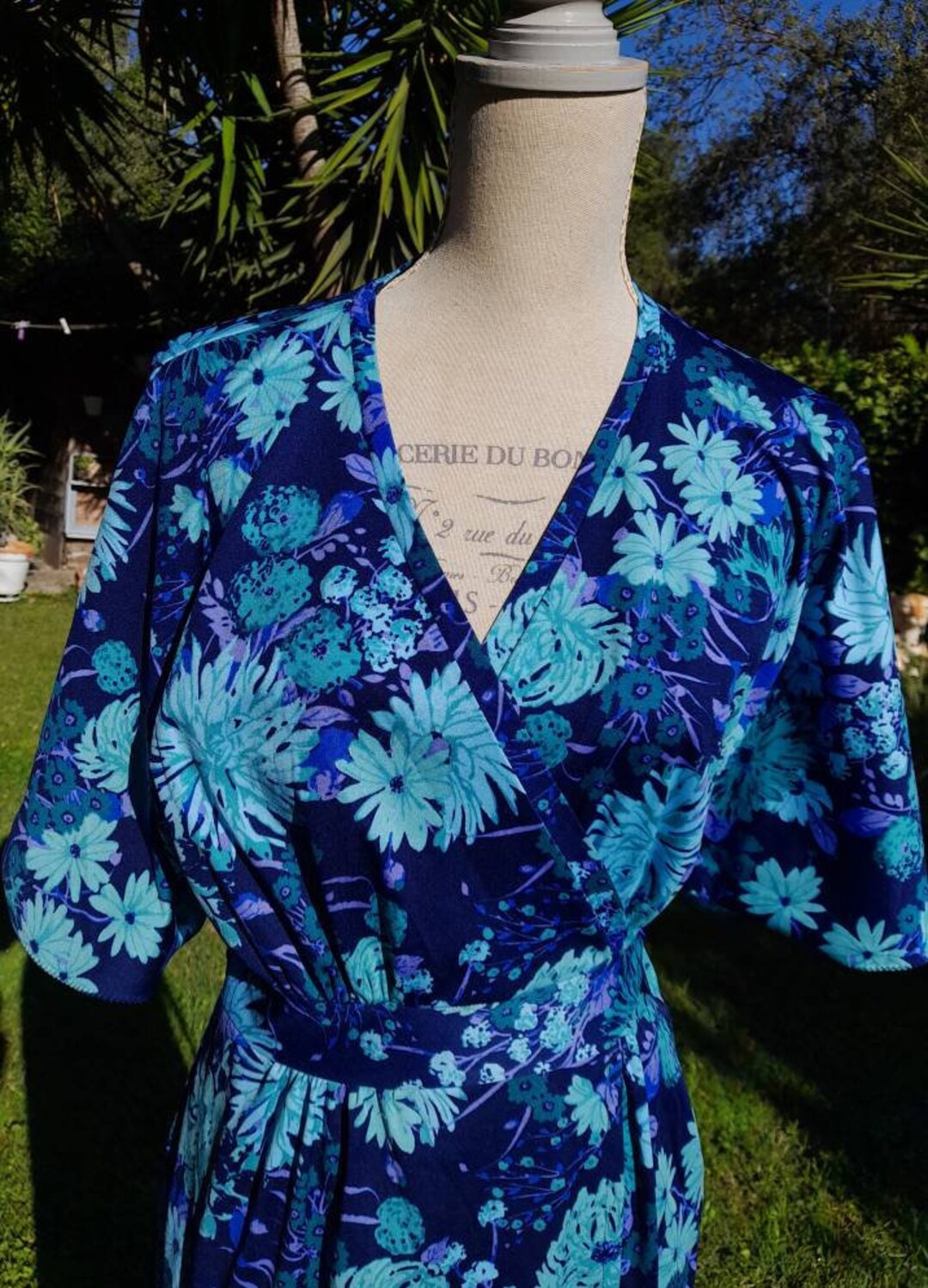 Dressing Gown Vintage Diva Hollywood 70s Flowers Blue Light Blue Bride