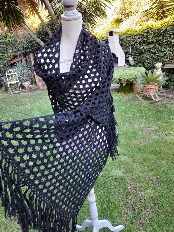 Large scarf shawl black shawl 60s vintage Shawl b… - image 2