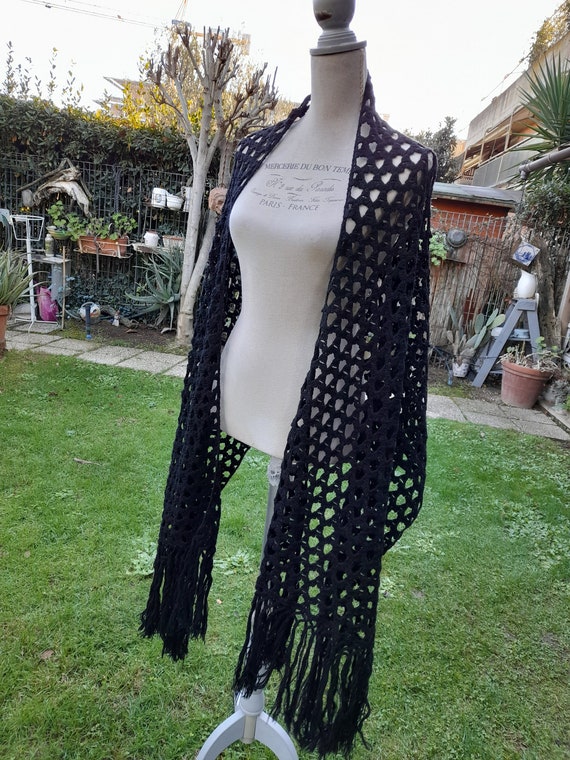 Large scarf shawl black shawl 60s vintage Shawl b… - image 9