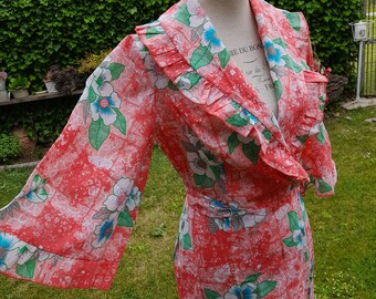 Vestaglia vintage 70s floreale  verde rosso bianco dressing gown woman psichedelico sposa wedding girl anni 70 la primavera