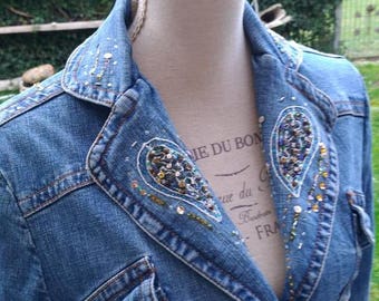 Jeans giubbino vintage giacchino denim donna ragazza primavera jeans elegante ricamo perline disegno look boho sensuale style denim