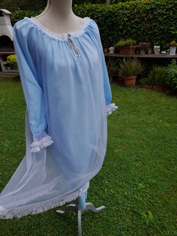 Vintage 50s nightgown tulle chiffon light blue ni… - image 4