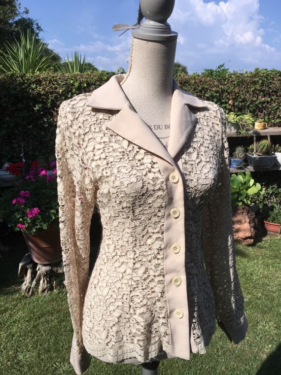 Shirt blouse woman lace nude look vintage 70s bei… - image 4