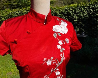 Cheongsam shirt woman vintage asian style dress woman wine red sensual love 80s red blazer chic tunic