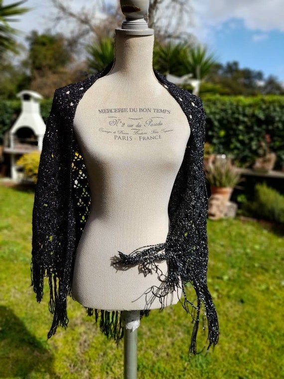 Black silver lurex shawl vintage 70s wool stole s… - image 8