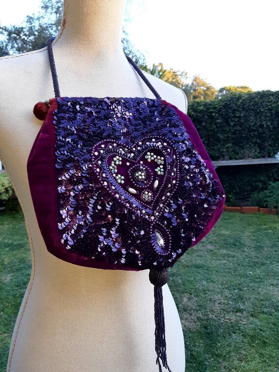 Vintage bag 50s wrist bag velvet embroidery purple be… - Gem