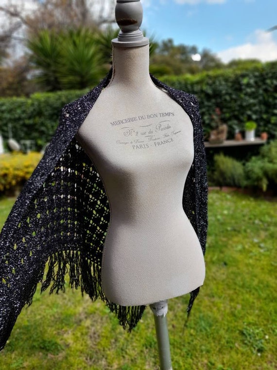 Black silver lurex shawl vintage 70s wool stole s… - image 9