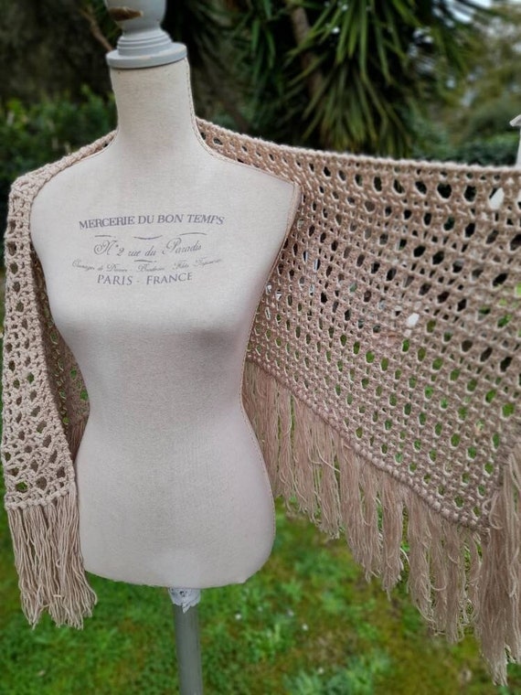 Beige shawl old Shawl vintage 70s women's stole w… - image 1