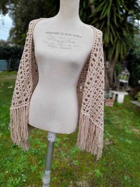 Beige shawl old Shawl vintage 70s women's stole w… - image 2