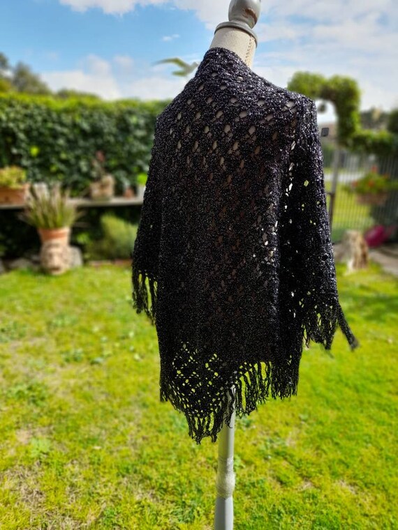 Black silver lurex shawl vintage 70s wool stole s… - image 10