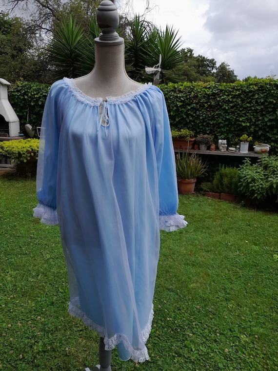 Vintage 50s nightgown tulle chiffon light blue ni… - image 1