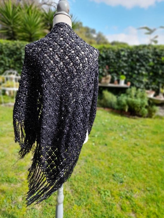 Black silver lurex shawl vintage 70s wool stole s… - image 3