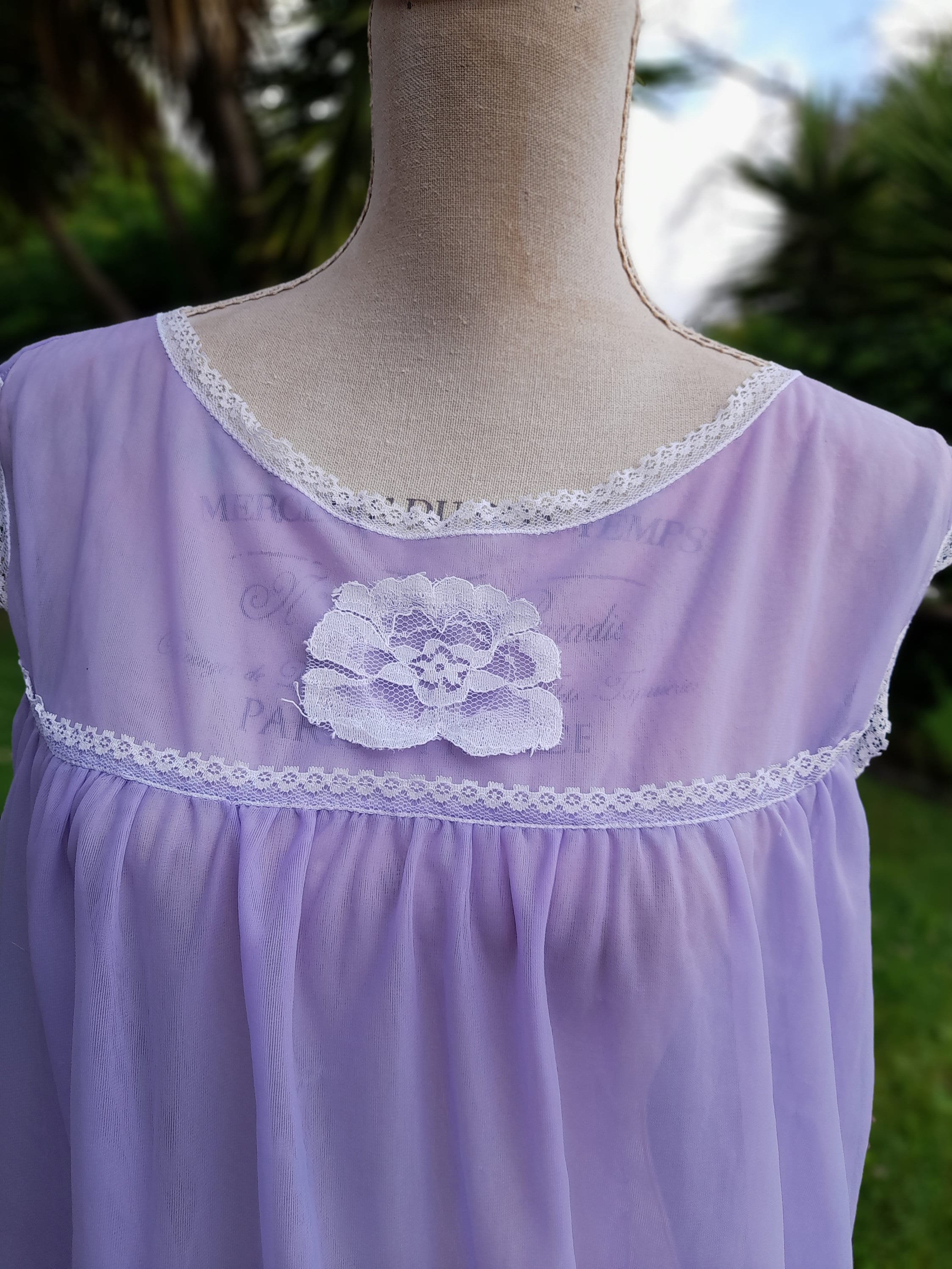 Shabby Chic Vintage Chiffon Nightdress Purple Lace Diva Nightgown  