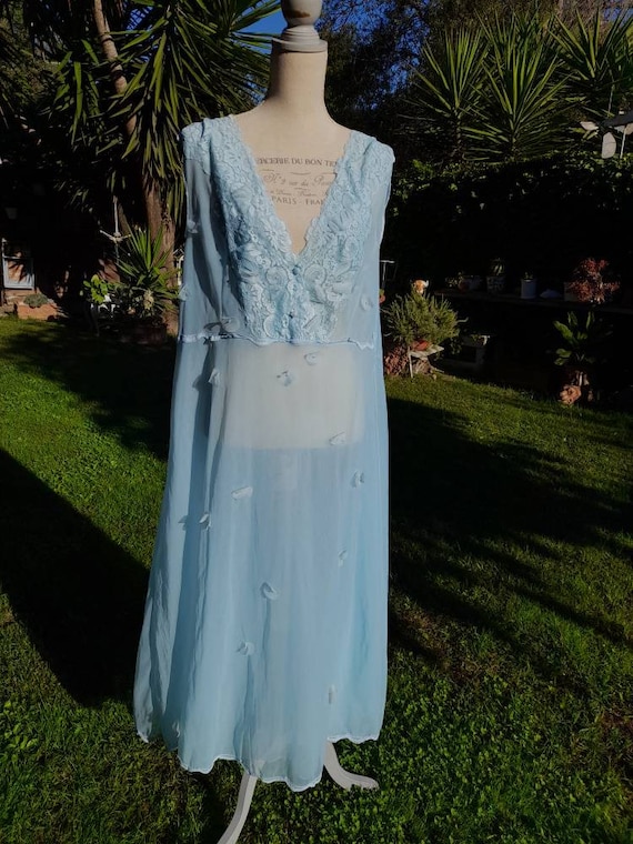 Vintage shabby chic nightdress light blue cloud r… - image 5